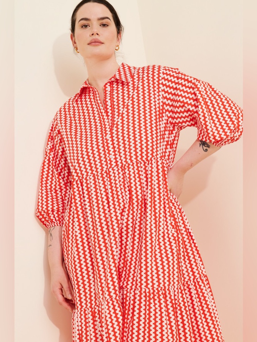 Maeve Red and White Patterned Long-Sleeve Tiered Shirt Dress